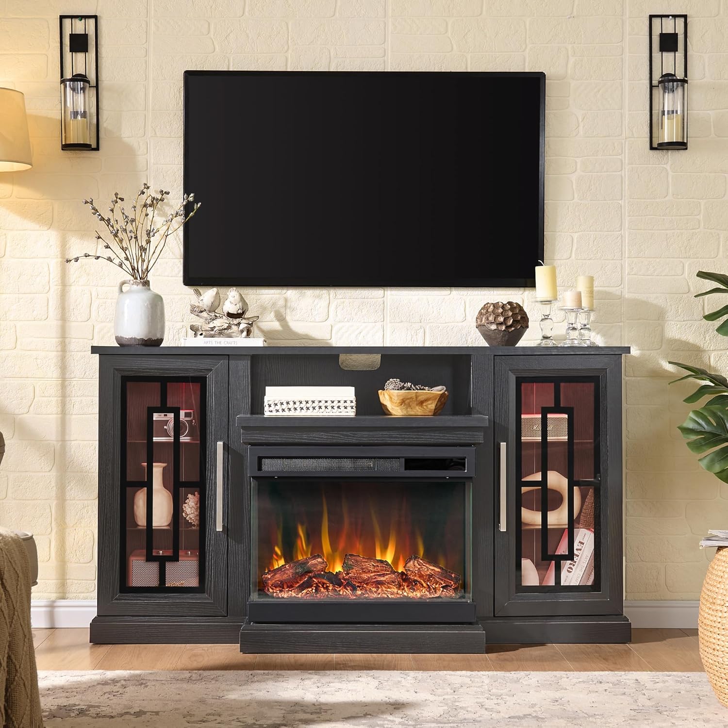 The Unineo TV stand integrated into a living room setting, featuring a television mounted above it and decorative items on the tabletop.