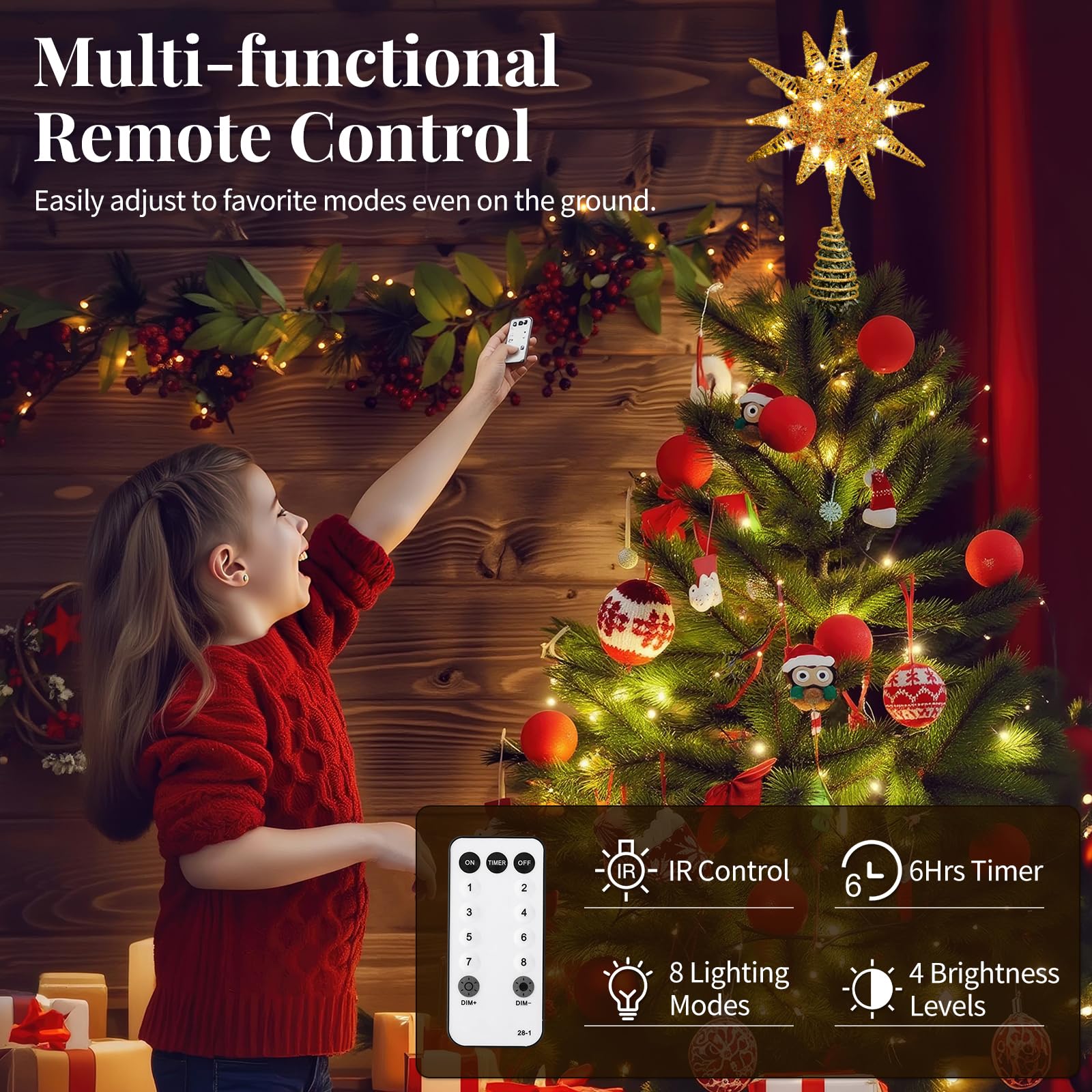 Lewondr Estrella para Árbol de Navidad, 11" Enchufable y Control Remoto Estrella de Copa Geométrica 3D Iluminada para Decoración Navideña, Función Temporizador y Cable 5m, Luz Cálida, Oro