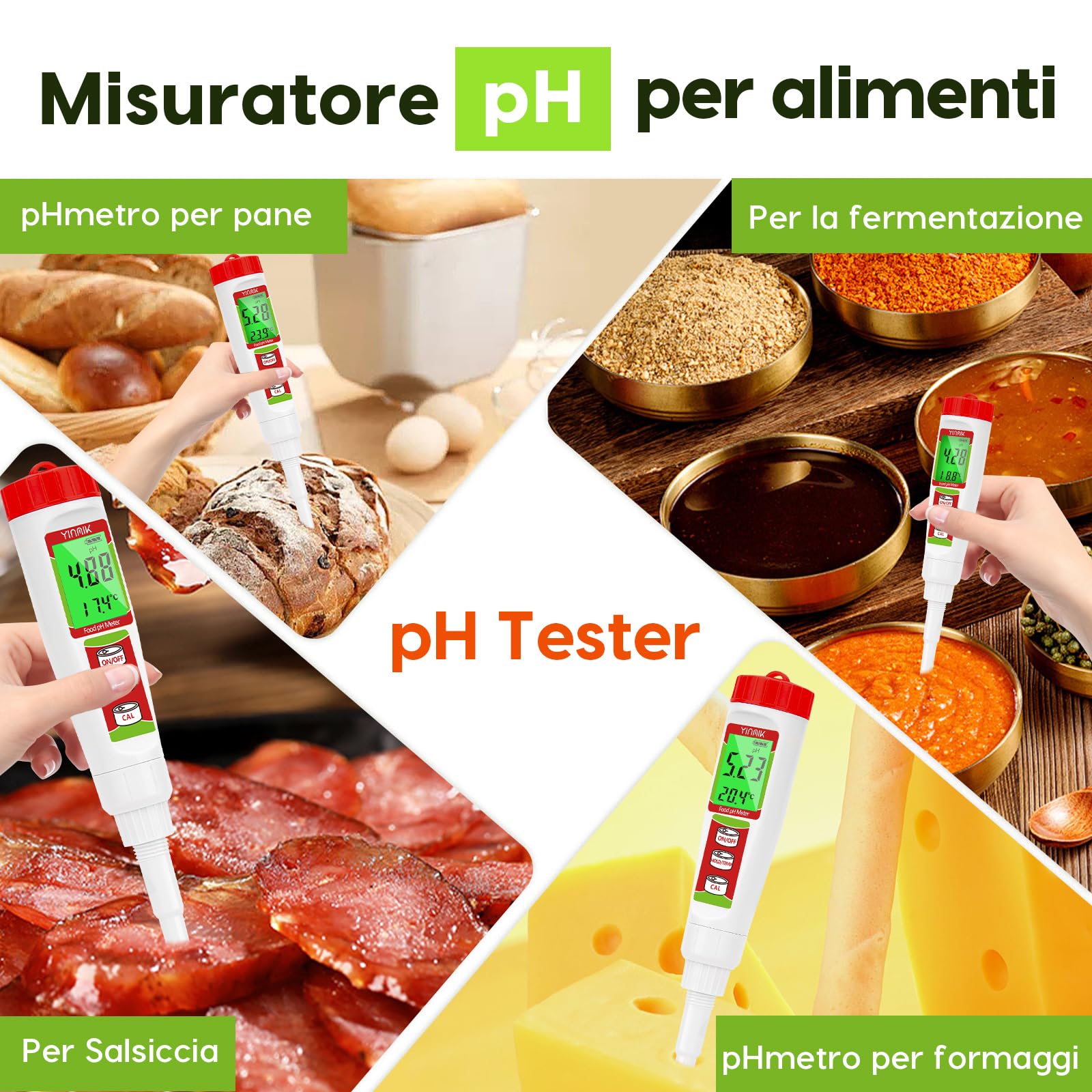 YINMIK phmetro per alimenti, misuratore ph lievito madre, tester ph impasti, piaccametro per pasta, carne, latte，salsicce, formaggio, panna, birra, vinificazione rossa