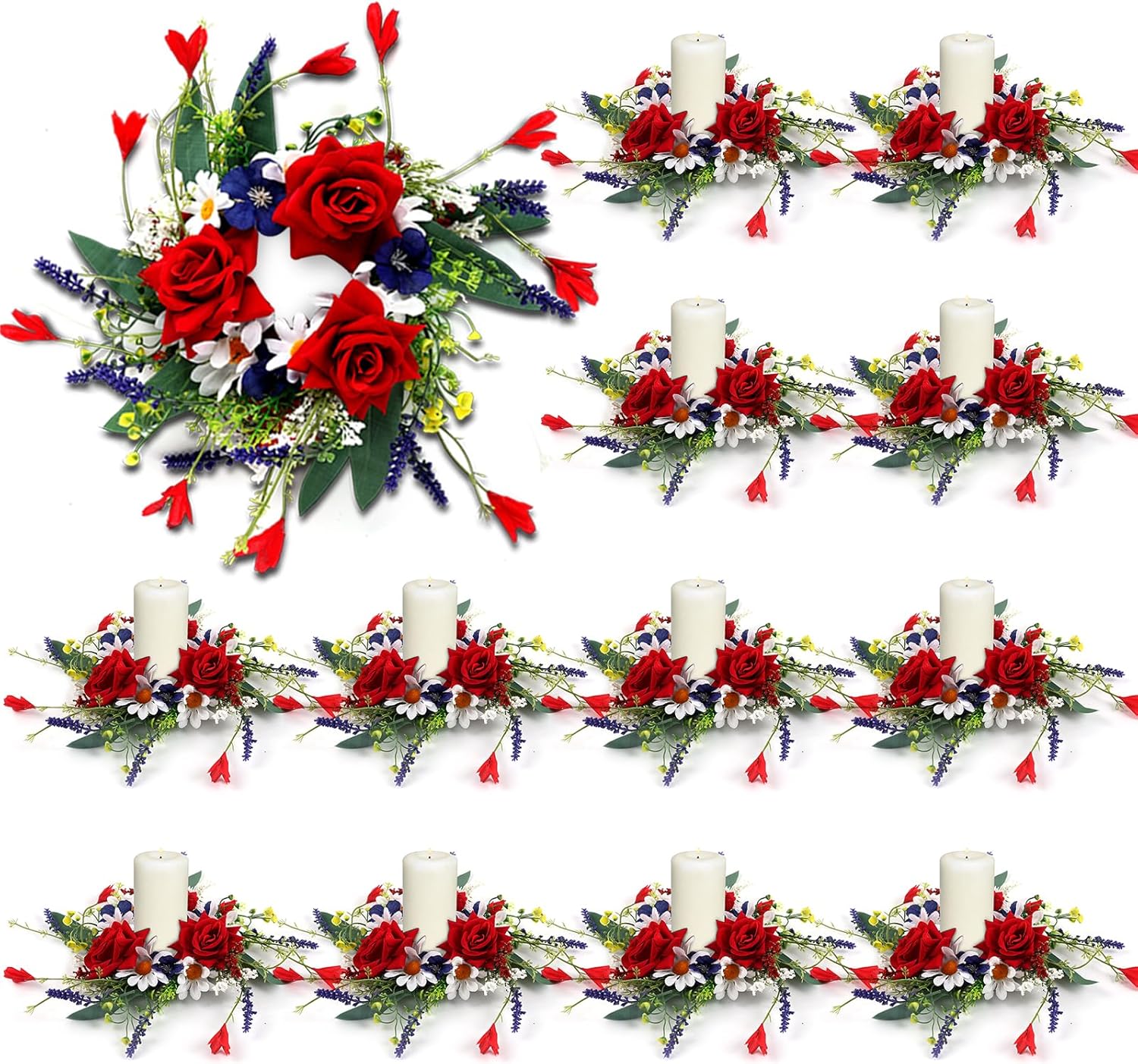 12 PCS Patriotic American Candle Rings Wreaths Red White and Blue Floral Candle Rings with Roses Daisy Forsythia Lavender Mini July Independence Day Wreath for Party Home Table Centerpiece Decor
