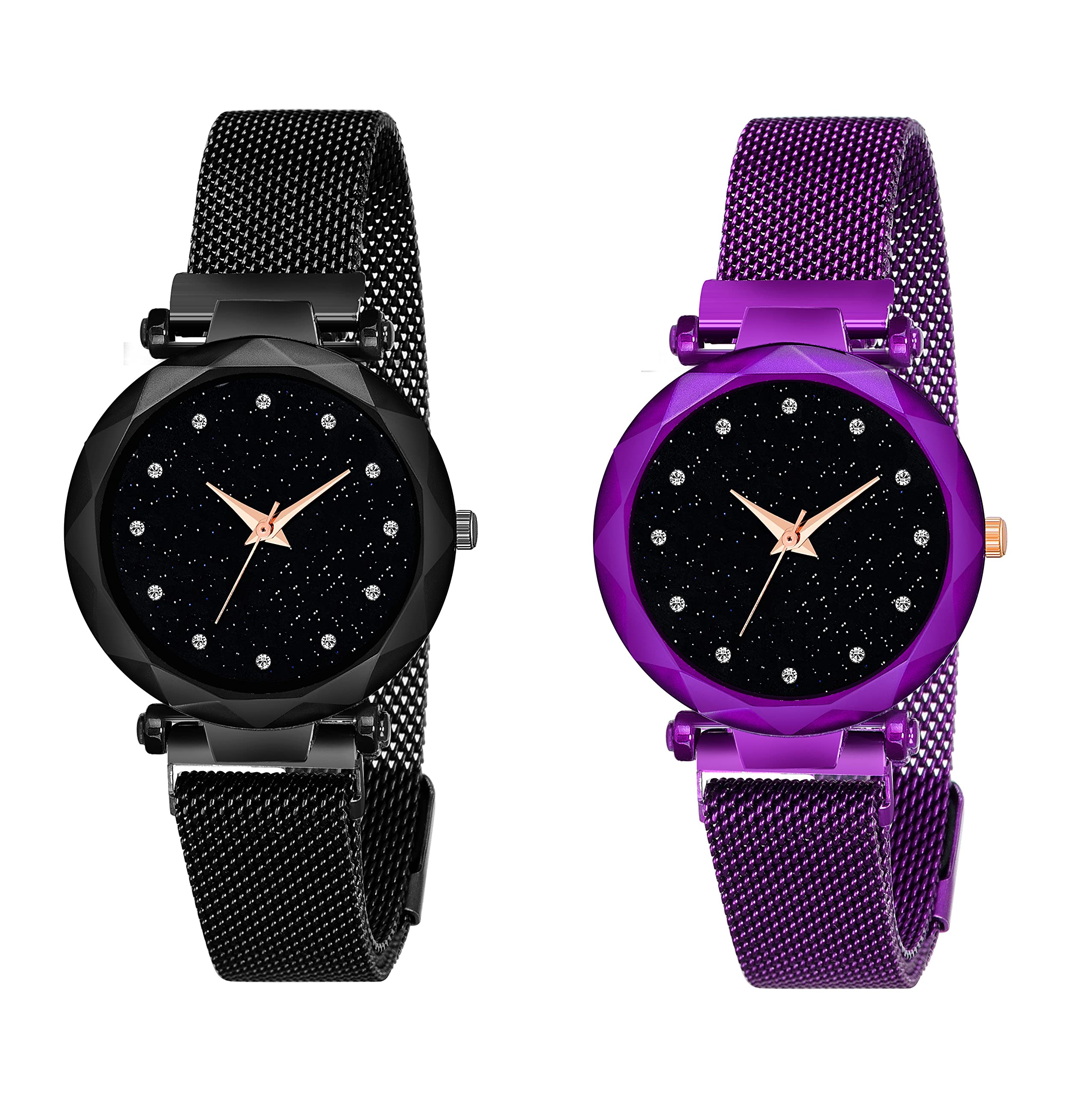 KIROH Clausal Black and Purple Magnetic Metal Strep Analogue Watch for Girl and Women (Pack of 2)