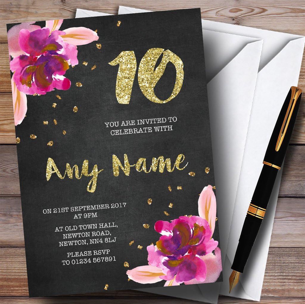 Chalk Gold Confetti Pink Flowers 10th Personalized Birthday Party Invitations