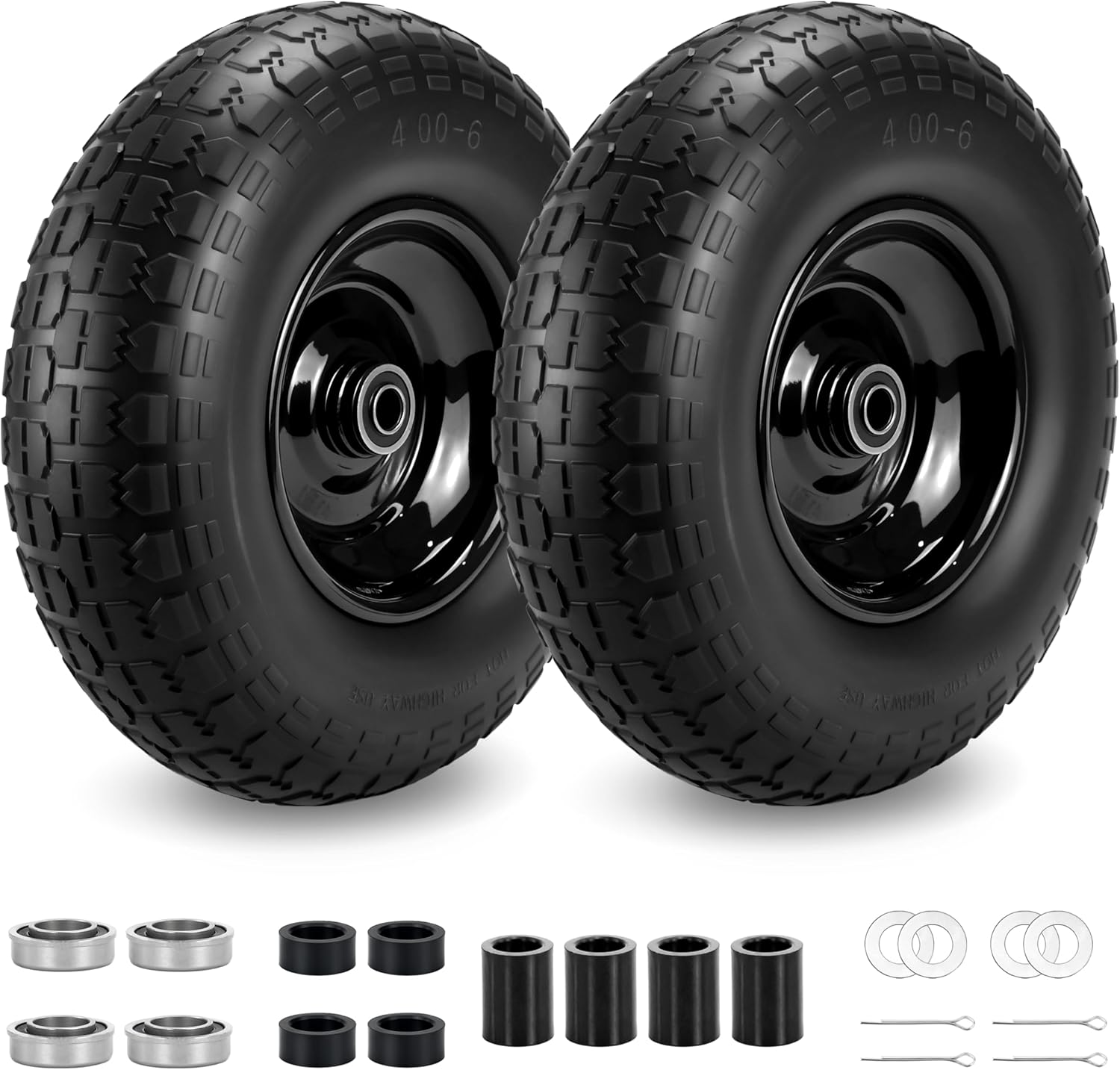 2 Pcs 4.00-6 Flat Free Tire and Wheel, 13" Wheelbarrow Wheel with 5/8" & Extra 3/4" Bearings, Solid Polyurethane, 13x4.00-6 Tire Compatible with Gorilla Cart, Wheelbarrows, Garden Carts, Hand Trucks