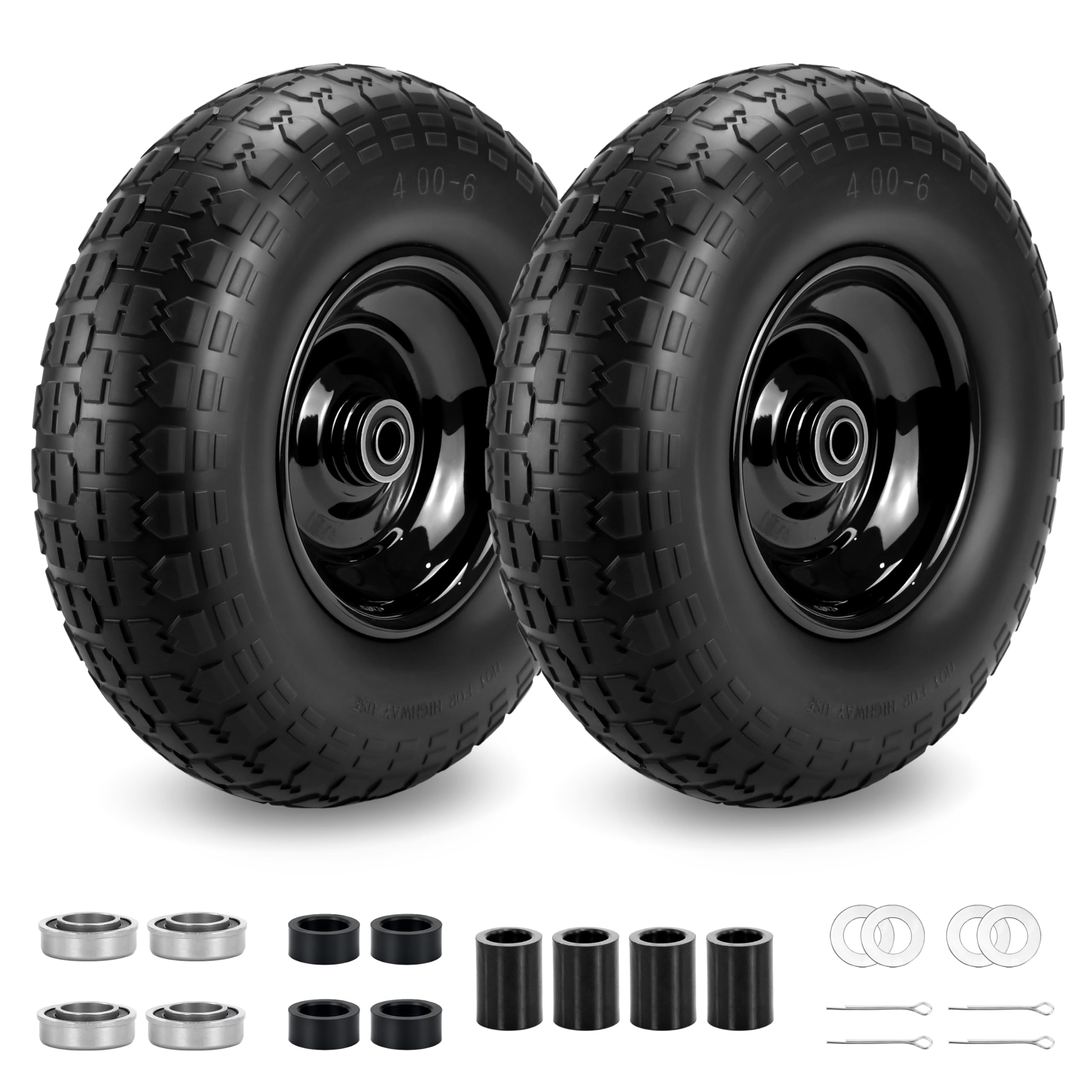 View 1 of 2 Pcs 4.00-6 Solid Tire, 13" Flat Free Wheelbarrow Tire with 5/8" & 3/4" Bearings, 1.77"-5.77" Centered Hub, 13x4.00-6 Tire Compatible with Gorilla Carts, Wheelbarrows, Garden Carts, Hand Trucks