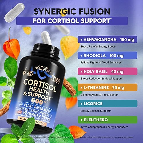 Miniatura 4 de Suplemento de Cortisol para Mujeres - Albahaca Sagrada  Ashwagandha  Rhodiola  L-Teanina - Equilibrio Hormonal a Base de Plantas - Apoyo al Estado