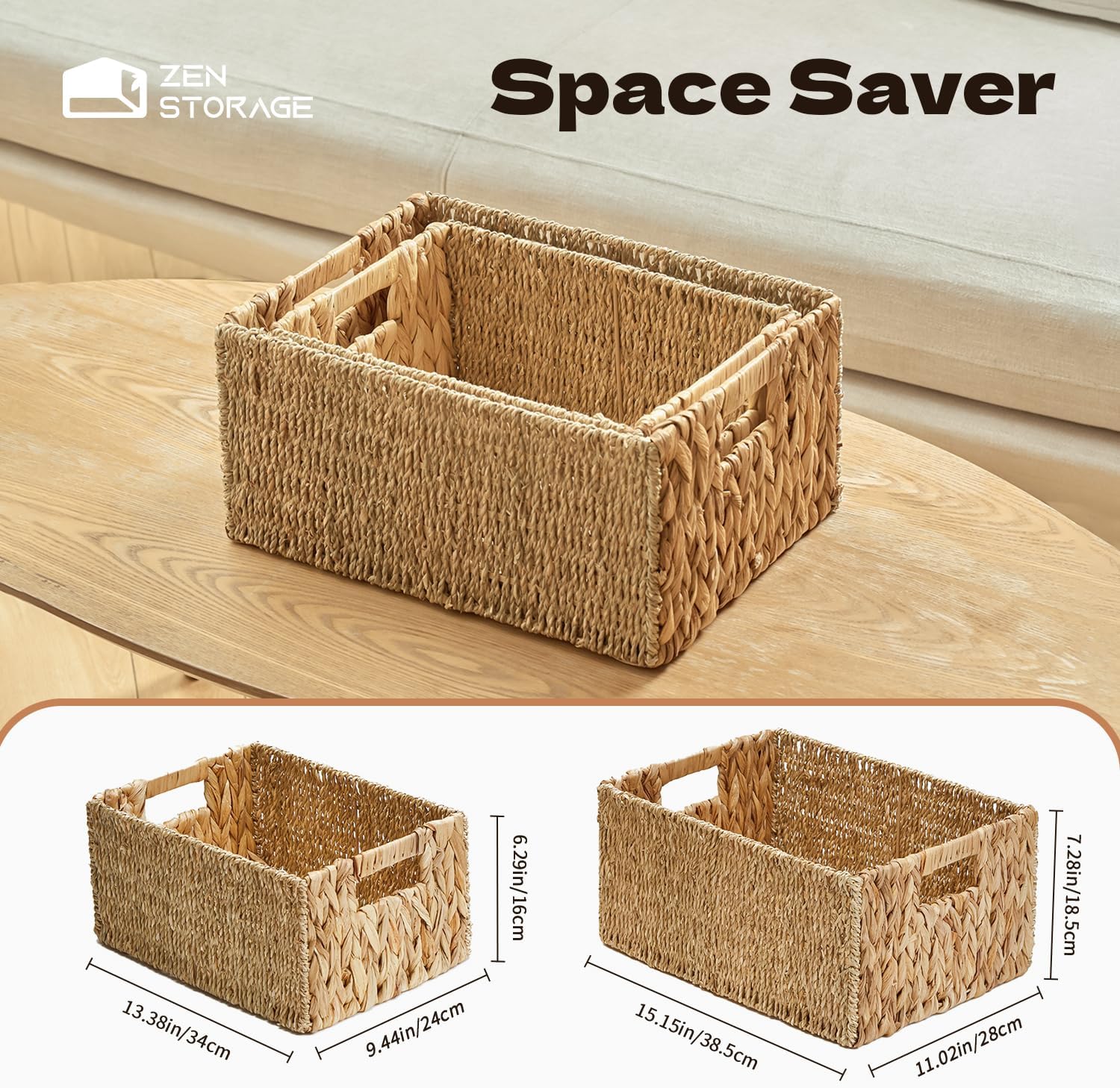 Wicker Storage Basket with Built-in Handle, Water Hyacinth Storage Basket for Shelf/Cabinet, Square Wicker Basket for Towel/Book/Magazine/Toy/Blanket/DVD, Set of 2, Large and Small