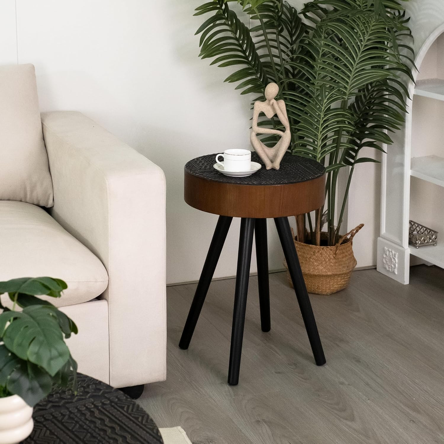 KEIKI 15.7" Round Small Drink Table with Solid Wood Legs, Mid-Century Modern Wooden Coffee Table for Living Room, Bedroom, Brown & Black