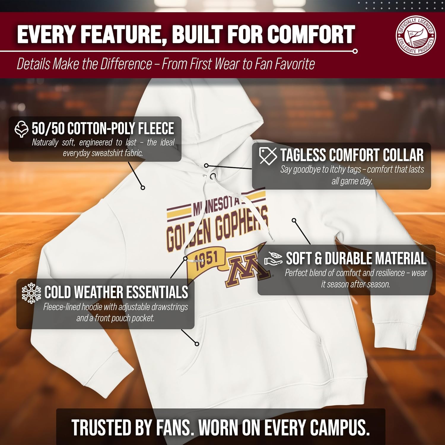 Campus Colors NCAA Adult Unisex Varsity Club Pennant Hooded Fleece Sweatshirt, Cozy Cotton Poly Blend, Classic Design