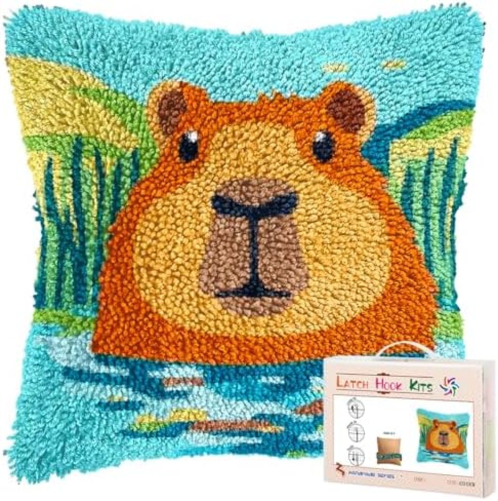 Henypt Latch Hook Craft Kit 17x17 Inch,Capybara and Water Complete Embroidery Cushion Kit,Creative Craft Stress Relief Handmade Gift for Beginners