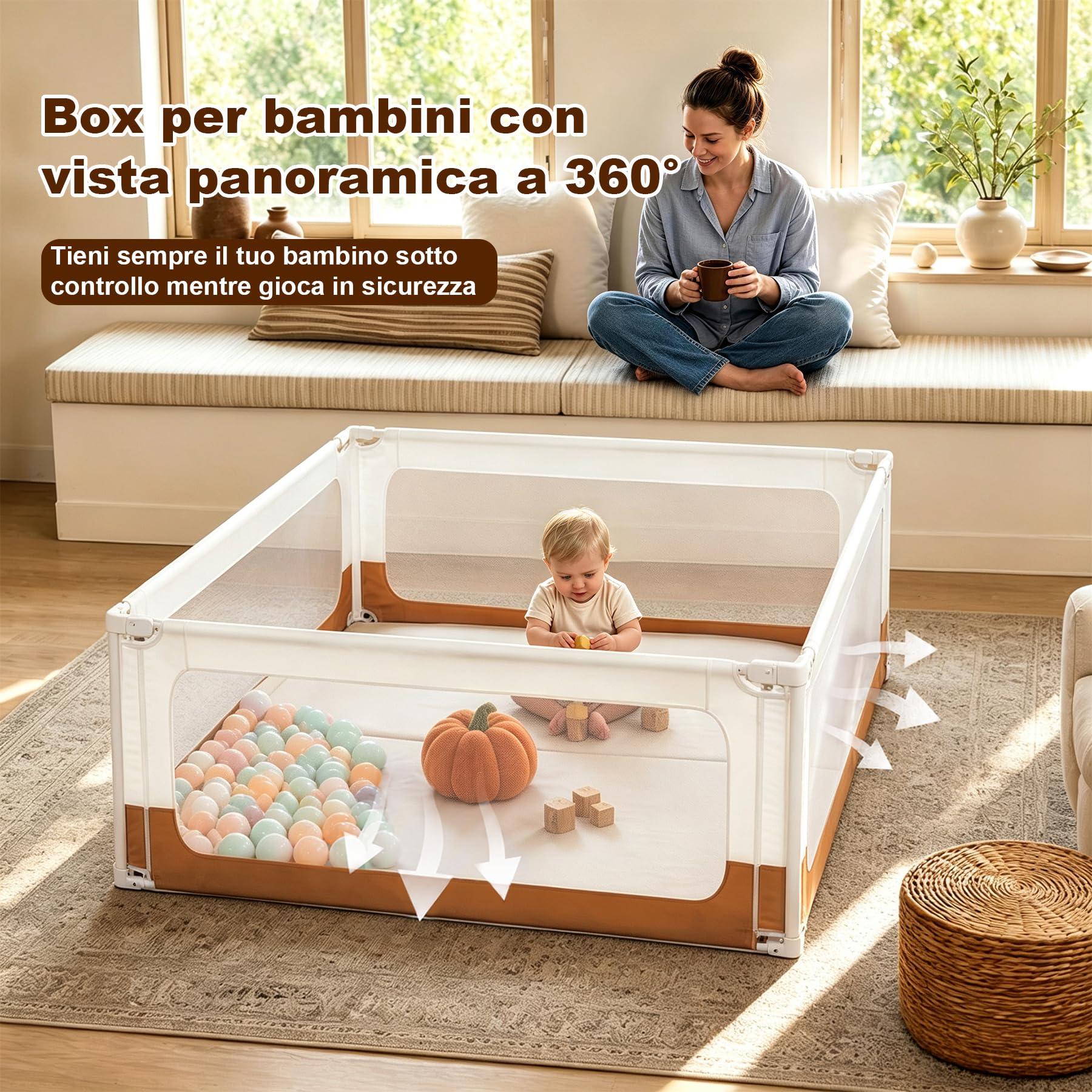 Box Bambini 127x127 cm, Recinto per Bambini e Neonati, Box Gioco da Interno con Rete Traspirante, Doppia Chiusura di Sicurezza, Angoli Rinforzati, Ideale per Gattonare e Camminare