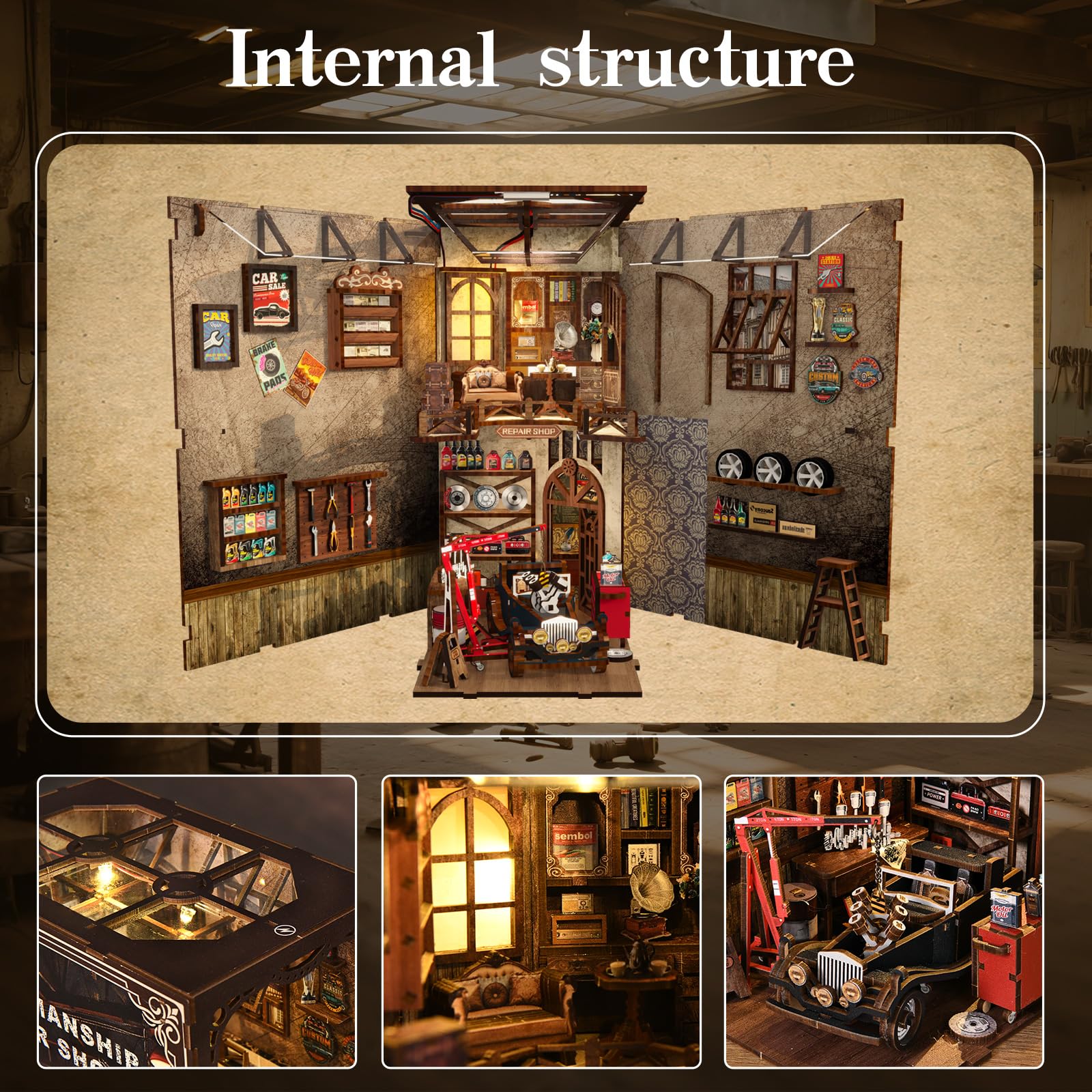 Book Nook Kits - warsztat samochodowy dla dorosłych - DIY miniaturowa wkładka z lampkami LED, kreatywne zestawy do rękodzieła dla dorosłych
