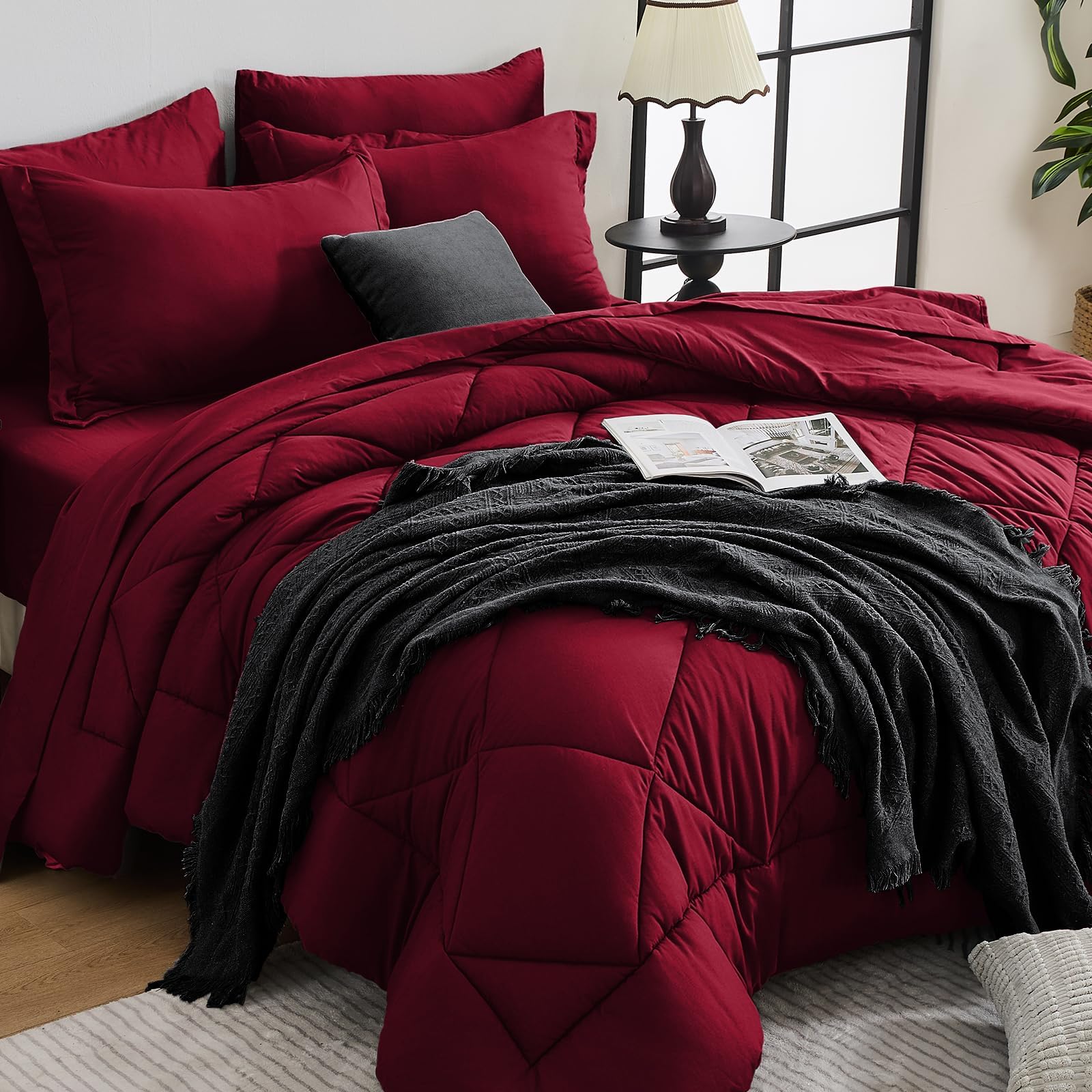HEVUMYI 7-Piece Queen Comforter Set, Red Bed in a Bag