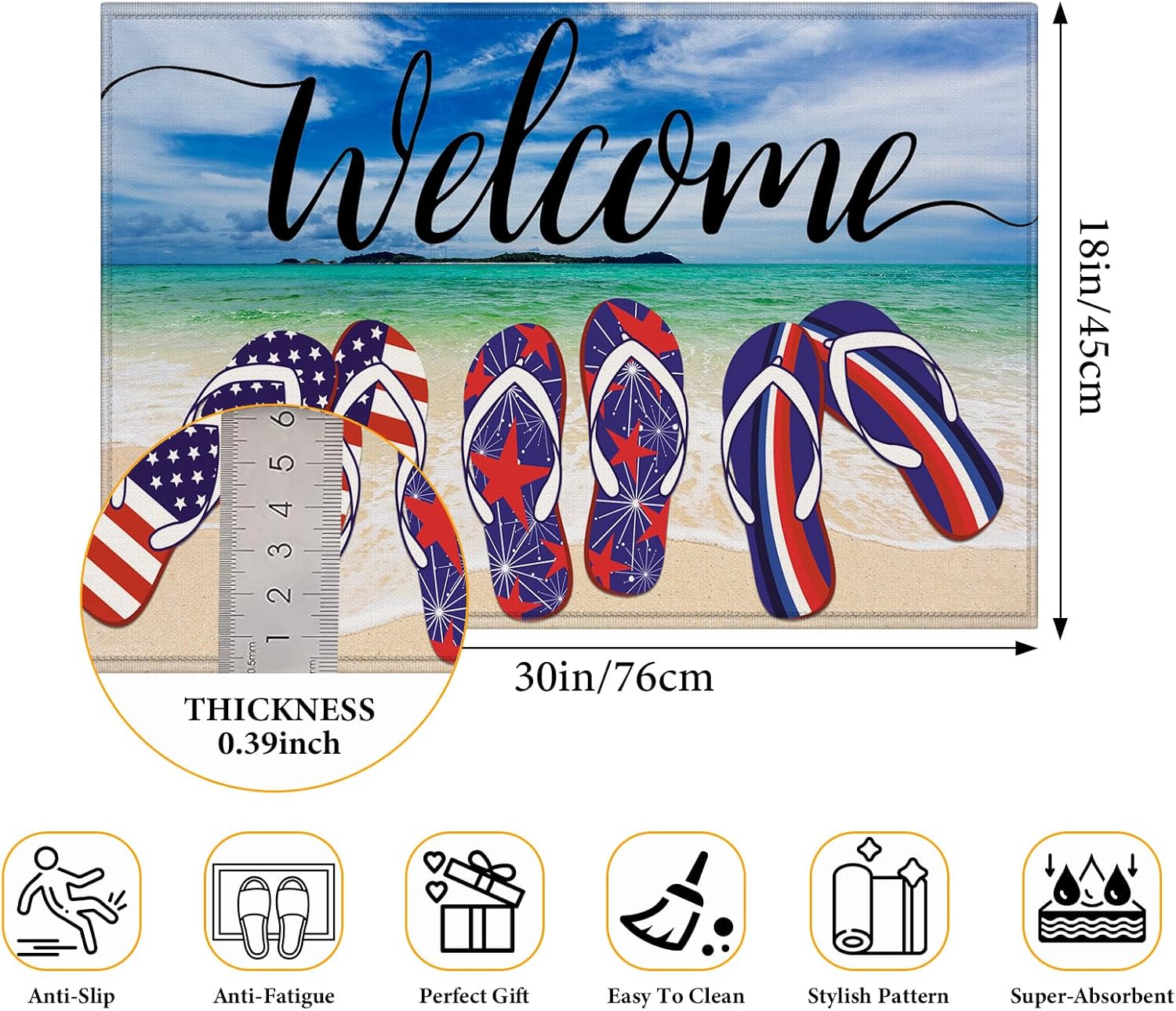 Patriotic Door Mat Welcome Mat Outdoor Doormat Indoor Entrance, American Flag Slippers Non Slip Doormats for Home Front Door Rugs Outdoor Indoor Decorations 17 * 29.5"