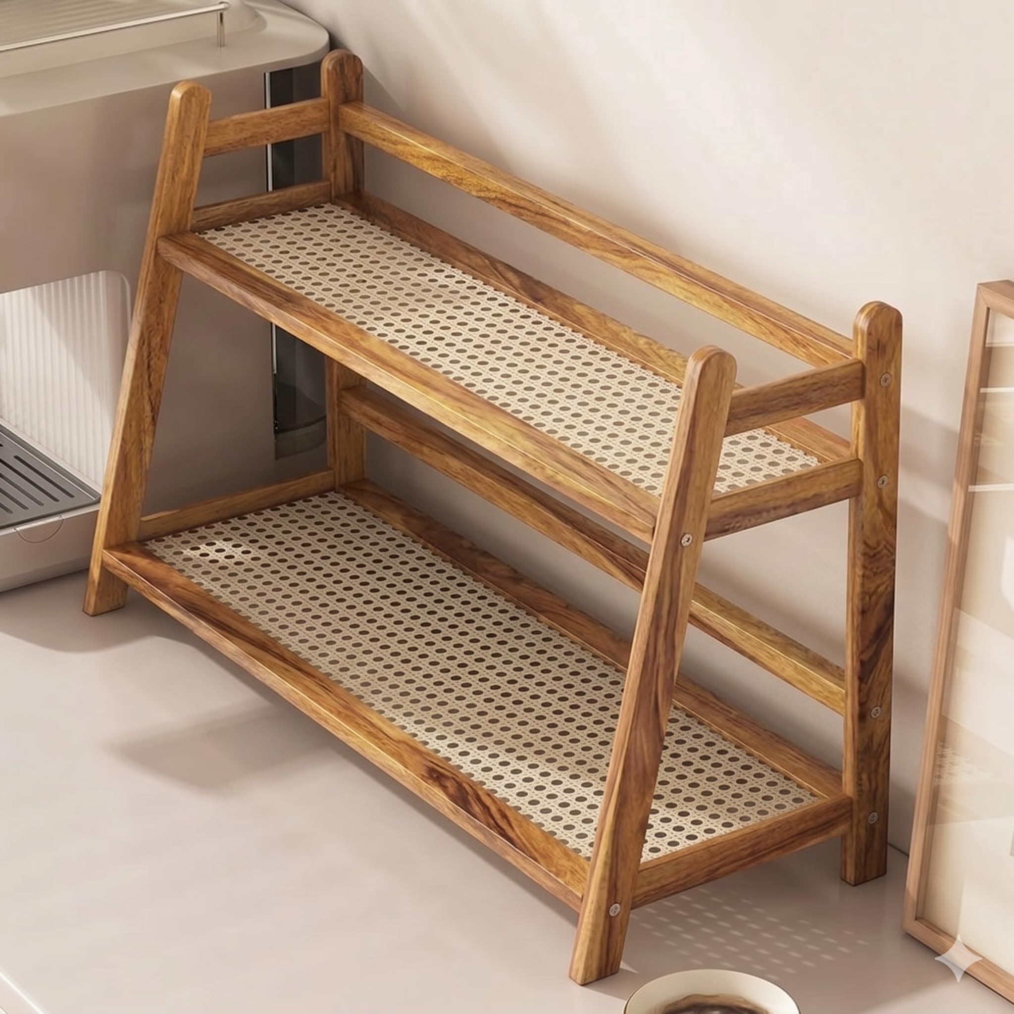Priti 2-Tier Solid Wood and Natural Cane Shoe Rack | Handcrafted, Open Shelf Design, Ventilated Storage, Entryway Organiser, Space-Saving-picture-29