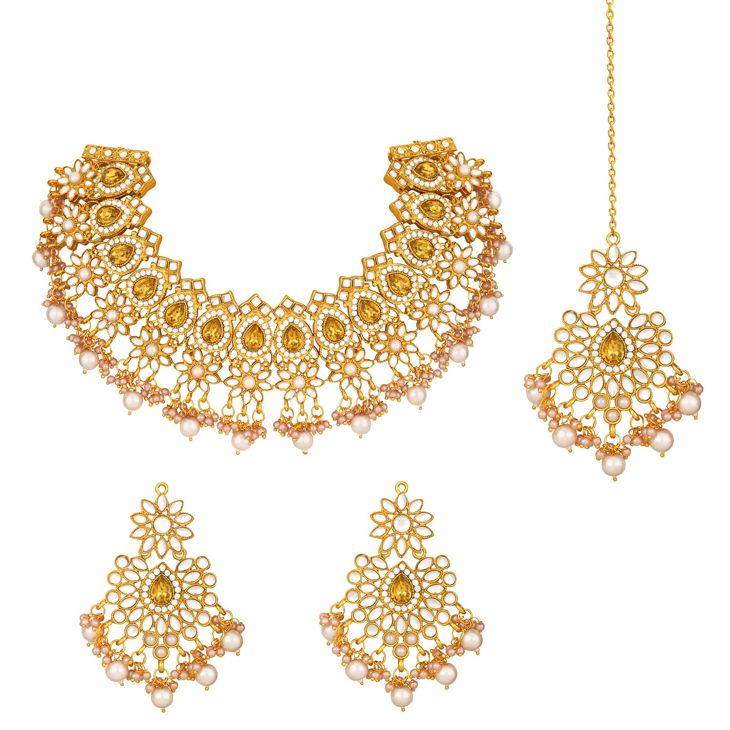 Peora Gold Plated Kundan Dangling Pearls Necklace Earring MaangTikka Jewellery Set for Women (B09YDKHJJJ) Amazon Price History, Amazon Price Tracker