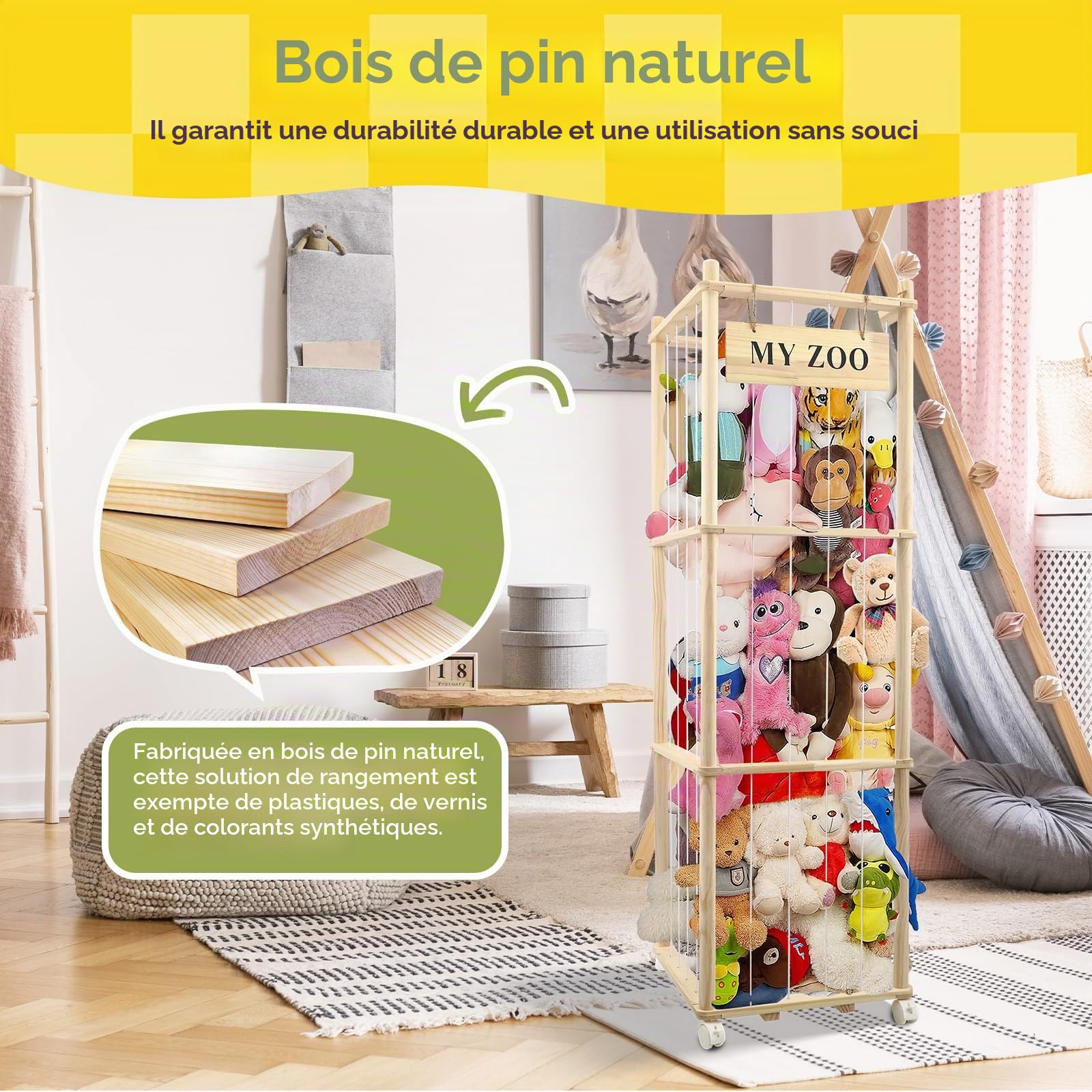 Rangement Peluche, Rangement Peluche Chambre Enfant De Freins 360° Grande Capacité, Range Peluche, économiser de L'espace, pour Salle de Jeux, Crèche, Chambre à Coucher, Chambre, 137 X 41 X 41 CM