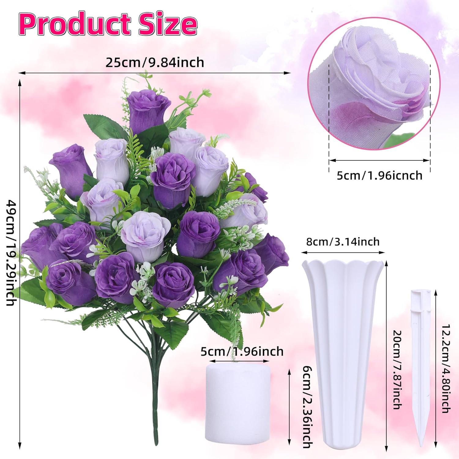 Set of 2 Artificial Cemetery Flowers, Grave Memorial Flowers with Vase, Outdoor Grave Decorations Roses for Cemetery Headstones Decoration (Purple) - Image 3