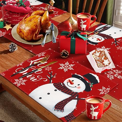 Miniatura 4 de Juego de 4 manteles individuales de Navidad, 12 x 18 pulgadas, diseño de muñeco de nieve de Navidad de 13 x 72 pulgadas, camino de mesa de muñeco de