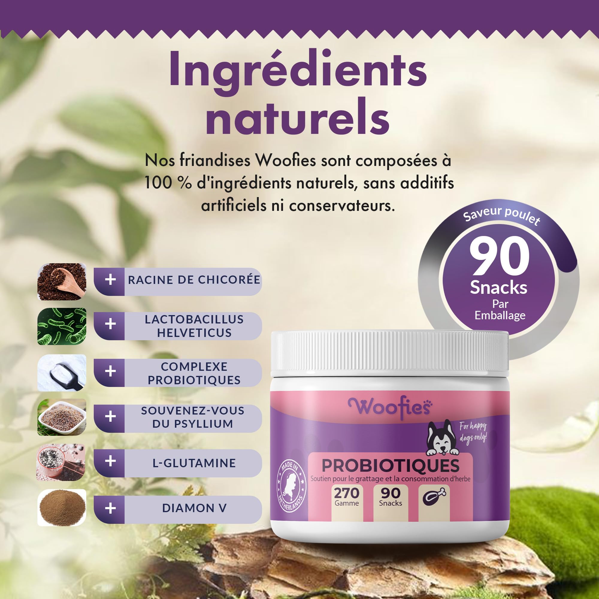 Friandises Probiotique Flore Intestinale pour Chiens – 90 Pièces Hypoallergéniques – Renforce la Flore intestinale, favorise la Digestion et Le système immunitaire – 100% Naturelles - Saveur Poulet