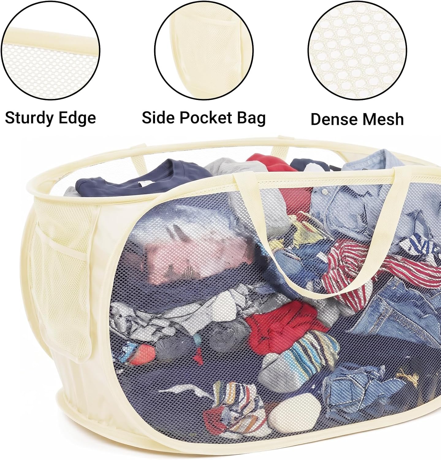 Beige Mesh Pop Up Laundry Hamper, Collapsible Laundry Baskets | With Side Pocket & Durable Handle, Foldable Dirty Clothes Basket for Bathroom, Laundry Room, Kids Room, Dorm, Travel(2 Beige)