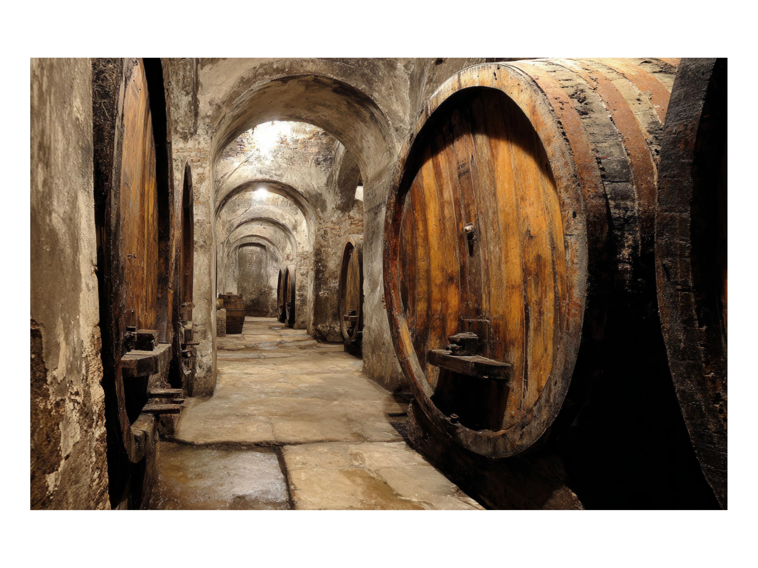 Papier Peint Intissé Cave Vin Tonneaux Pierre Bois 250 x 186 cm