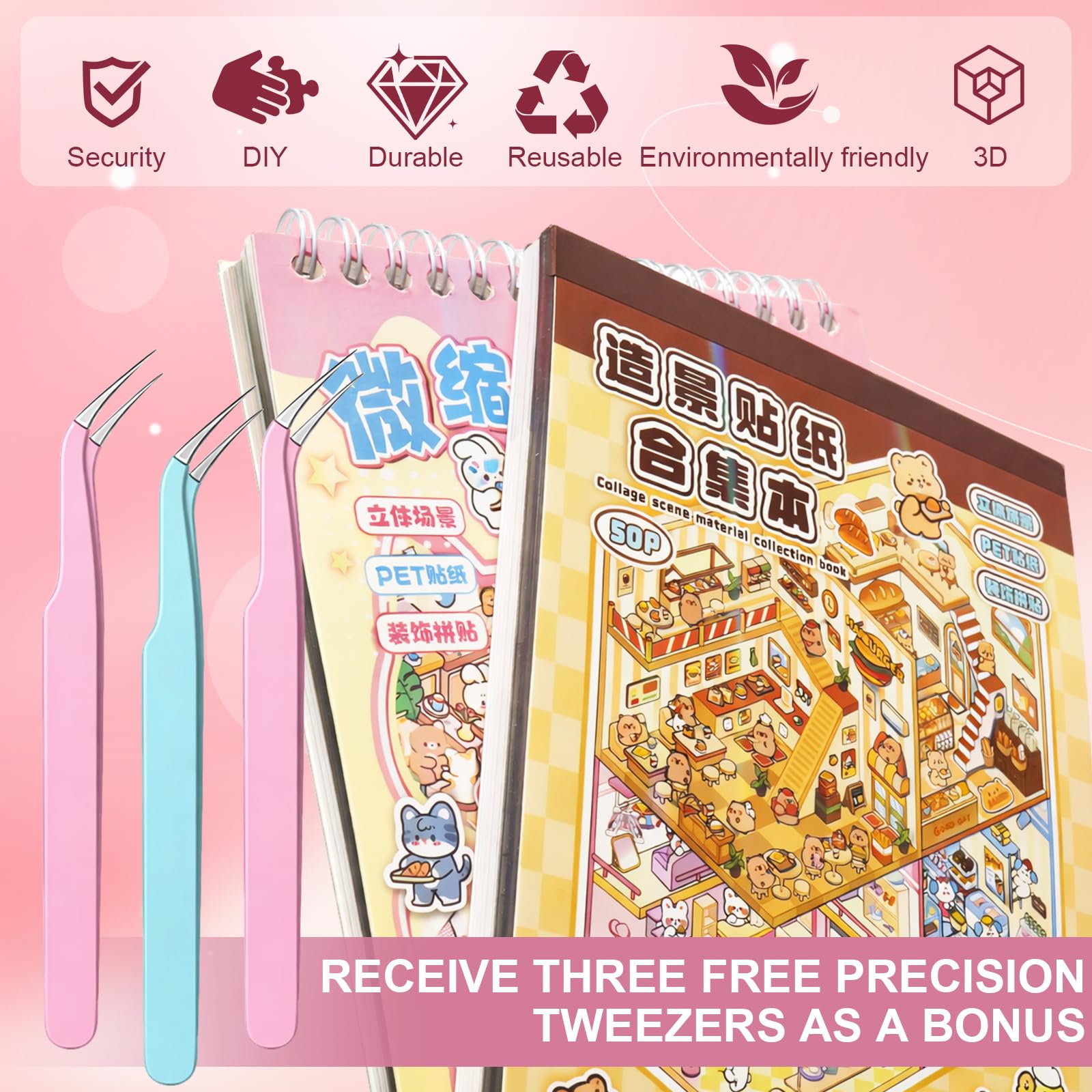 40 Adesivi di Scena Sticker Book, 60 Adesivi in PET, 3 Pinzette, Libro Adesivi di Scene Miniature Riutilizzabili, per Stress Sollievo Rilassamento & Divertimento