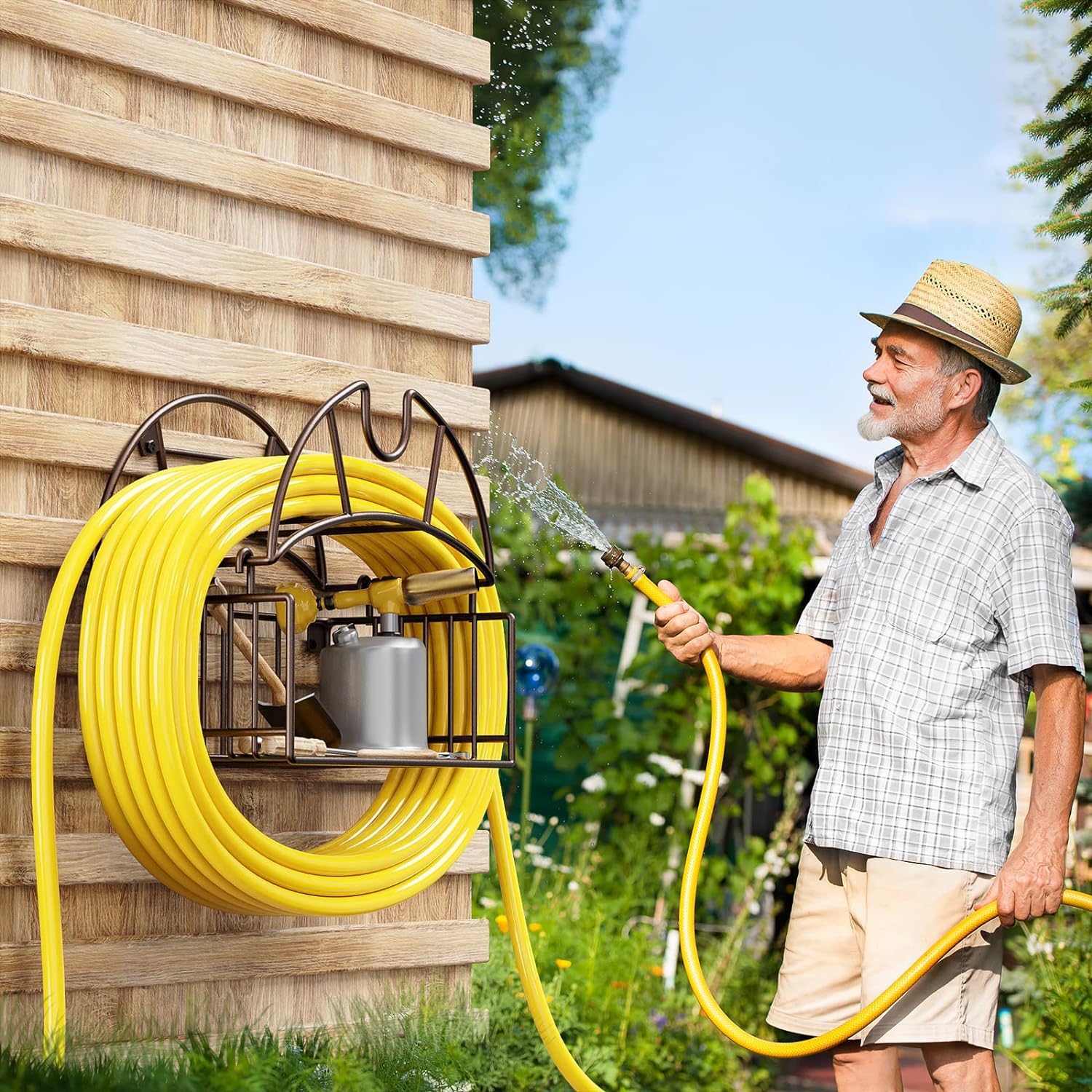 Garden Hose Holder,Water Hose Holder Wall Mount,Heavy Duty Metal Hose Hanger with Tool Storage Basket,Outdoor Hose Stands for Outside Garden Yard Garage - Image 4