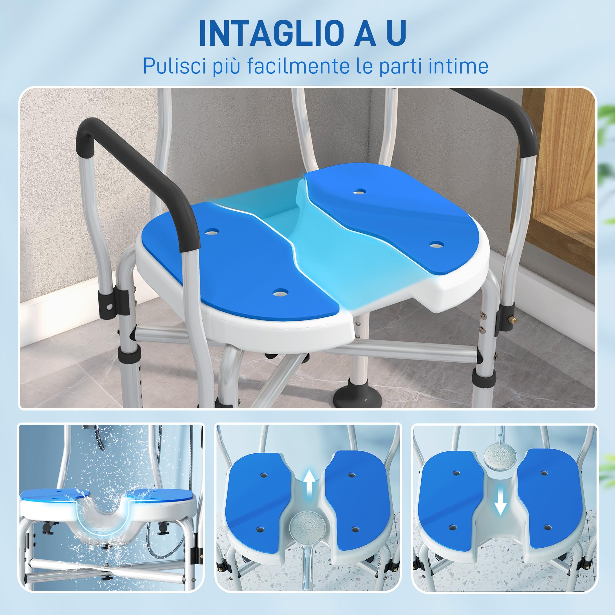 HOMCOM Sedia Doccia con Schienale, Braccioli, Seduta Scanalata e Barre di Rinforzo, Sgabello Doccia con Altezza Regolabile, Fori per Acqua e Piedini Antiscivolo per Anziani e Disabili, Blu