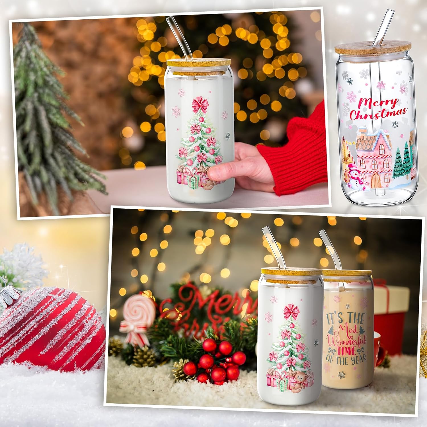 Uiifan 6 Pcs Christmas Glass Cups 16 oz Christmas Drinking Glasses with Lids Brush and Straws Pink Christmas Iced Coffee Cups Christmas Appreciation Gifts for Xmas Birthday Women Kids Party Favor - Image 4