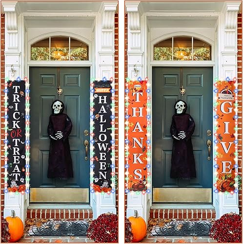 Decoraciones de Halloween 2 en 1 y decoración de Acción de Gracias, decoraciones de puerta de doble cara con tira de luces LED, decoraciones de