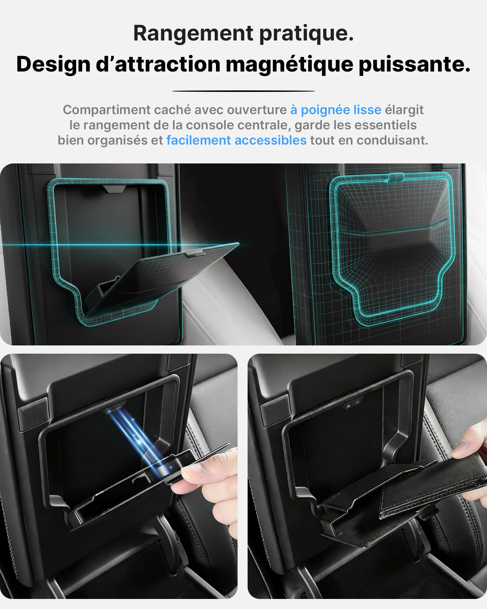 4 Plateaux Organisateurs Console Centrale pour Tesla Model 3 Highland 2024-2026 & Model y Juniper 2025-2026 (Premium/Performance), Boîte Magnétique Cachée Antidérapant Sans Outils