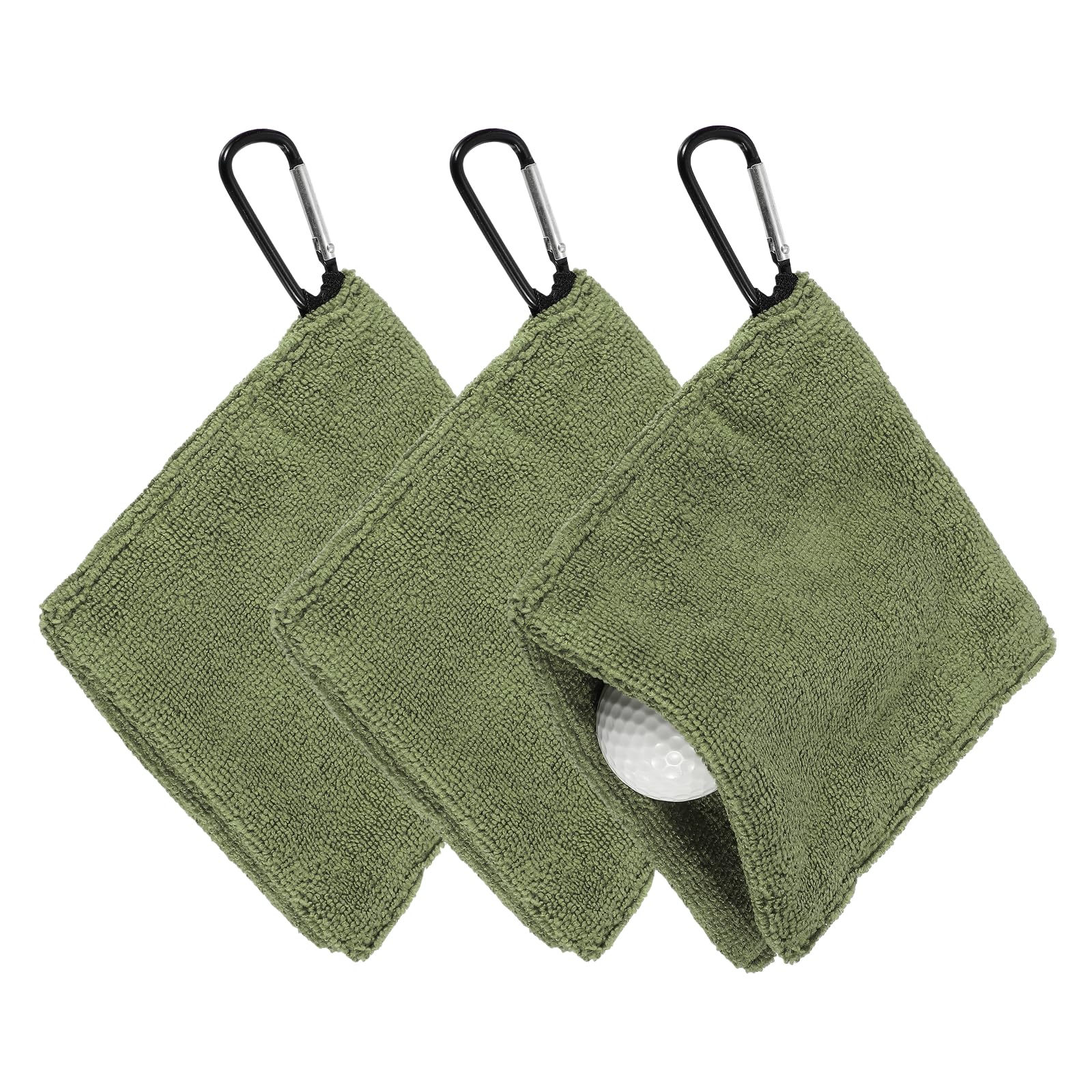 YELARXI Golf Ball Towel, 5.5 x 5.5 Inch Microfiber Small Golf Towel for Pocket with D Clip, 3 Pack & Army Green - Fitting For(Carts/Clubs/Bags/Course Exercise)