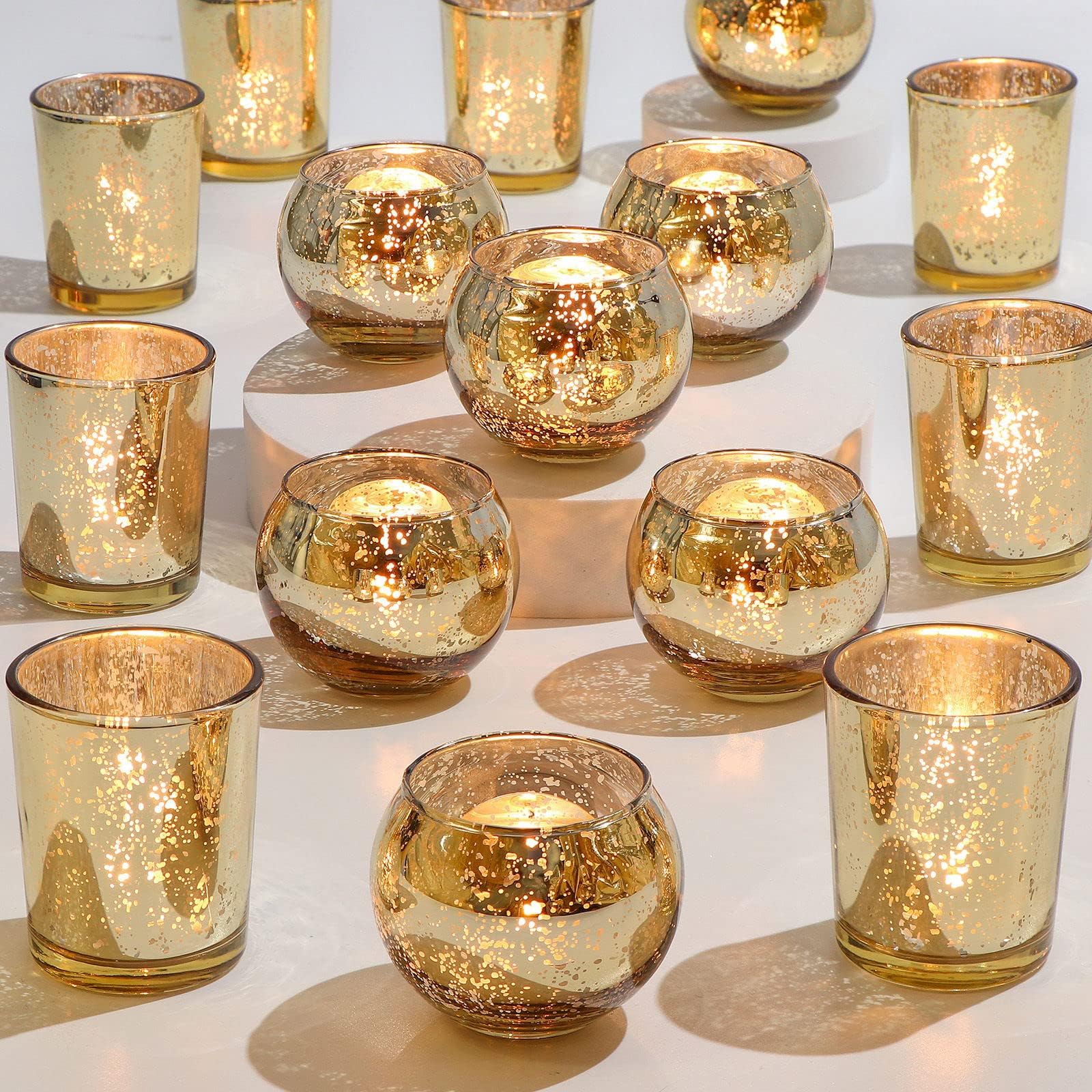 24pcs Assorted Gold Votive Candle Holders, Mercury Glass Candle Holder, Diwali Decorations, Gold Wedding Centerpieces for Tables, Bridal Shower Party Table Decorations