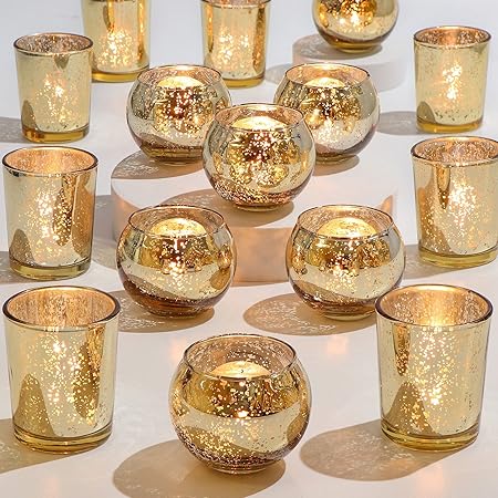 Amazon.com: Ainfame 24pcs Gold Votive Candle Holders for Tealight, Mercury Glass Votives Set for ...