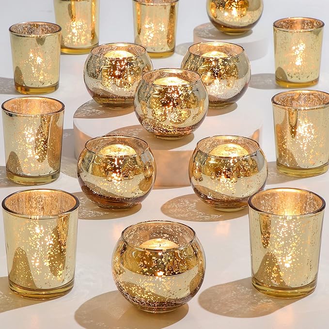 DEVI 24pcs Assorted Gold Votive Candle Holders, Mercury