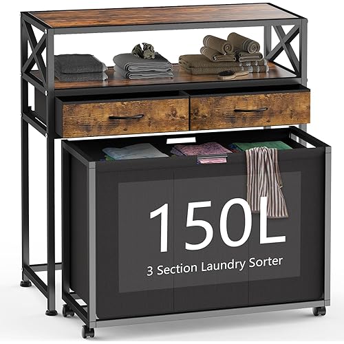 Laundry Sorter, Laundry Hamper with 3 Section Pull-Out Bags, Rolling Laundry Basket Organizer with Drawers and shelves, Large Laundry Cart with Wheels for Laundry Room Organization, Bathroom, Bedroom