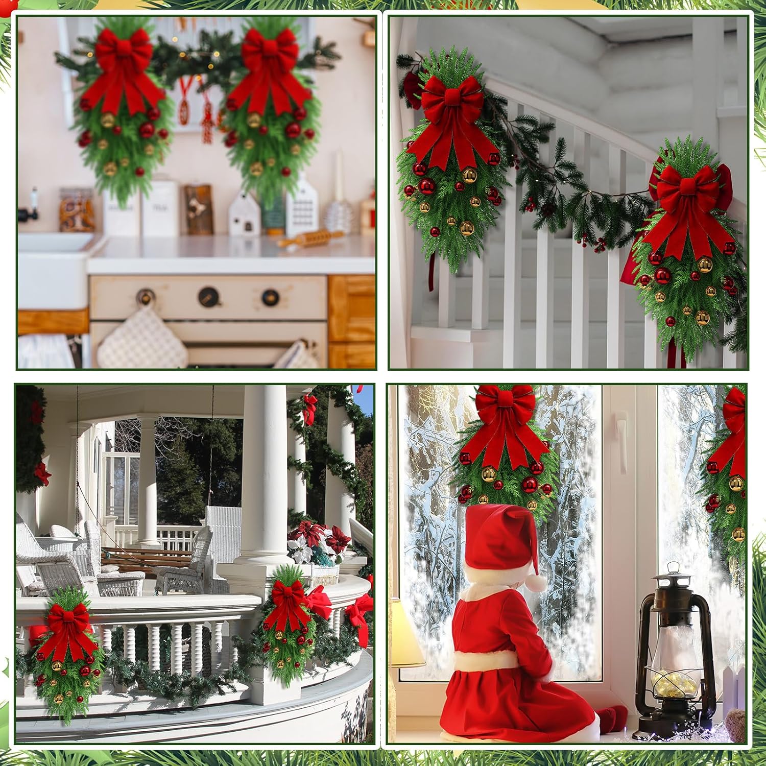 Soulchen 28 Inch Christmas Teardrop Swag Wreath Norfolk Pine Greenery Stairway Swag Winter Garland with Red Bow Red and Gold Balls Farmhouse Xmas Winter Wreath for Outdoor Indoor Front Door Home Decor