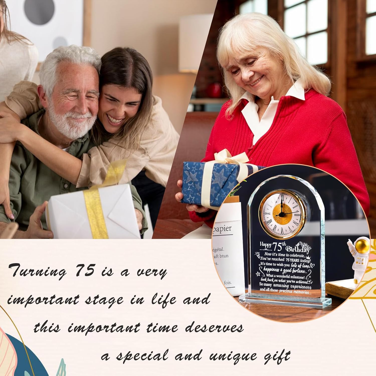 Ornalrist 75th Birthday Gifts for Women Men, Happy 75th Birthday Quartz Clock Plaque Gifts for Friends Couple Wife Her, Glass Quartz Clock Home Office Desk Decor - Image 7