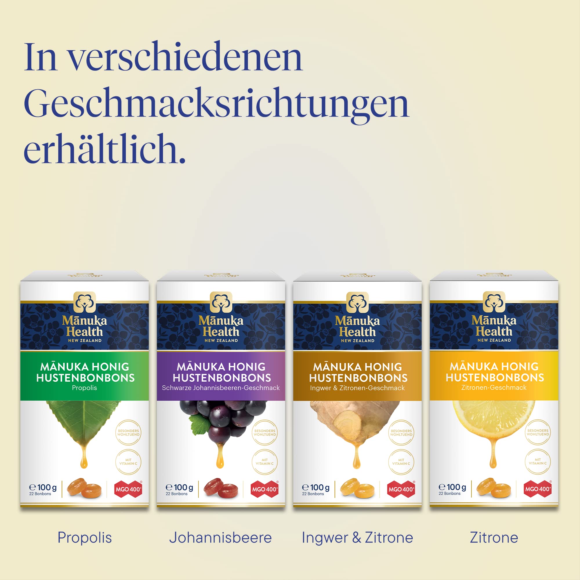 Manuka Health - MGO 400 + Lutschbonbons mit Propolis 250 g - 100% Pur aus Neuseeland mit zertifiziertem Methylglyoxal Gehalt und Vitamin C Bonbons