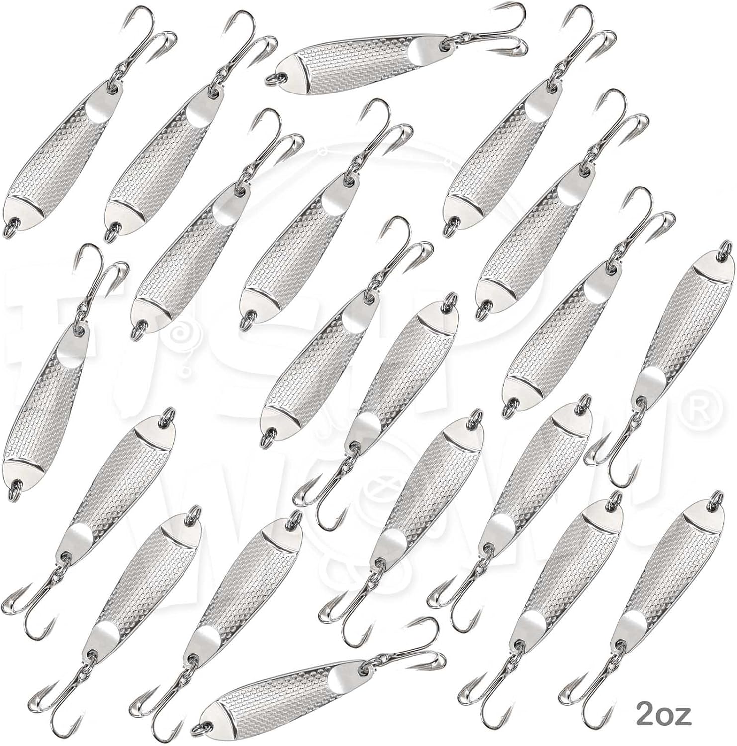 20pcs Fish WOW! 2oz Casting Spoon Jig Lures Hammered Spoons with a Treble Hook - Silver