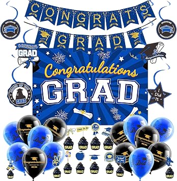 Graduation Decorations 2025 Blue and Gold Class of 2025 Congrats Grad Backdrop Banner for Graduation Party