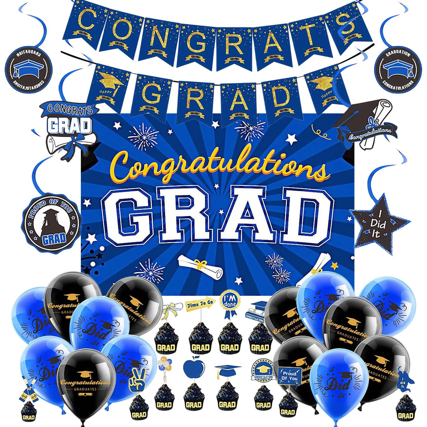 Graduation Decorations 2025 Blue and Gold Class of 2025 Congrats Grad Backdrop Banner for Graduation Party