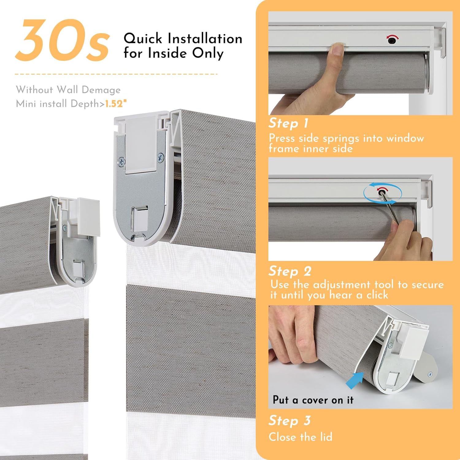 Persilux No Drill Motorized Zebra Blinds with Remote, 65% Blackout Smart Zebra Shades for Indoor Windows,Thermal Insulated, Linen Fabric,UV Protection,Custom Sizes,Linen Grey, A259-3