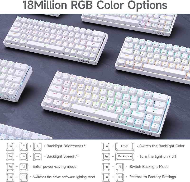 TMKB T63 Mechanikus Gamer Billentyűzet - Vezeték Nélküli, Kék Kapcsolókkal, Bluetooth, 2.4G, Fehér, Többmódú Csatlakozás