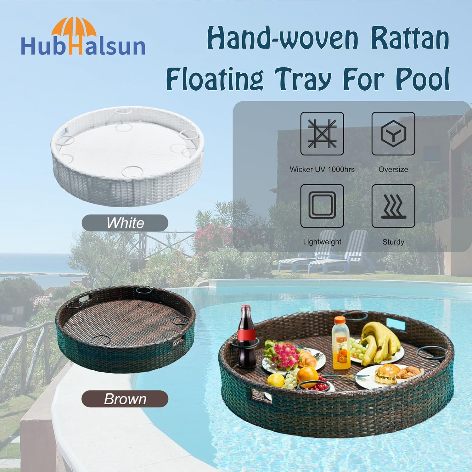 Floating Tray for Pool (Dia 35.4"), Round Serving Tray for Swimming Pool Floats, for Hot Tub, Hot Spring, Beach Party, Pool Serving Drinks, Brunch (Brown, Large Size)