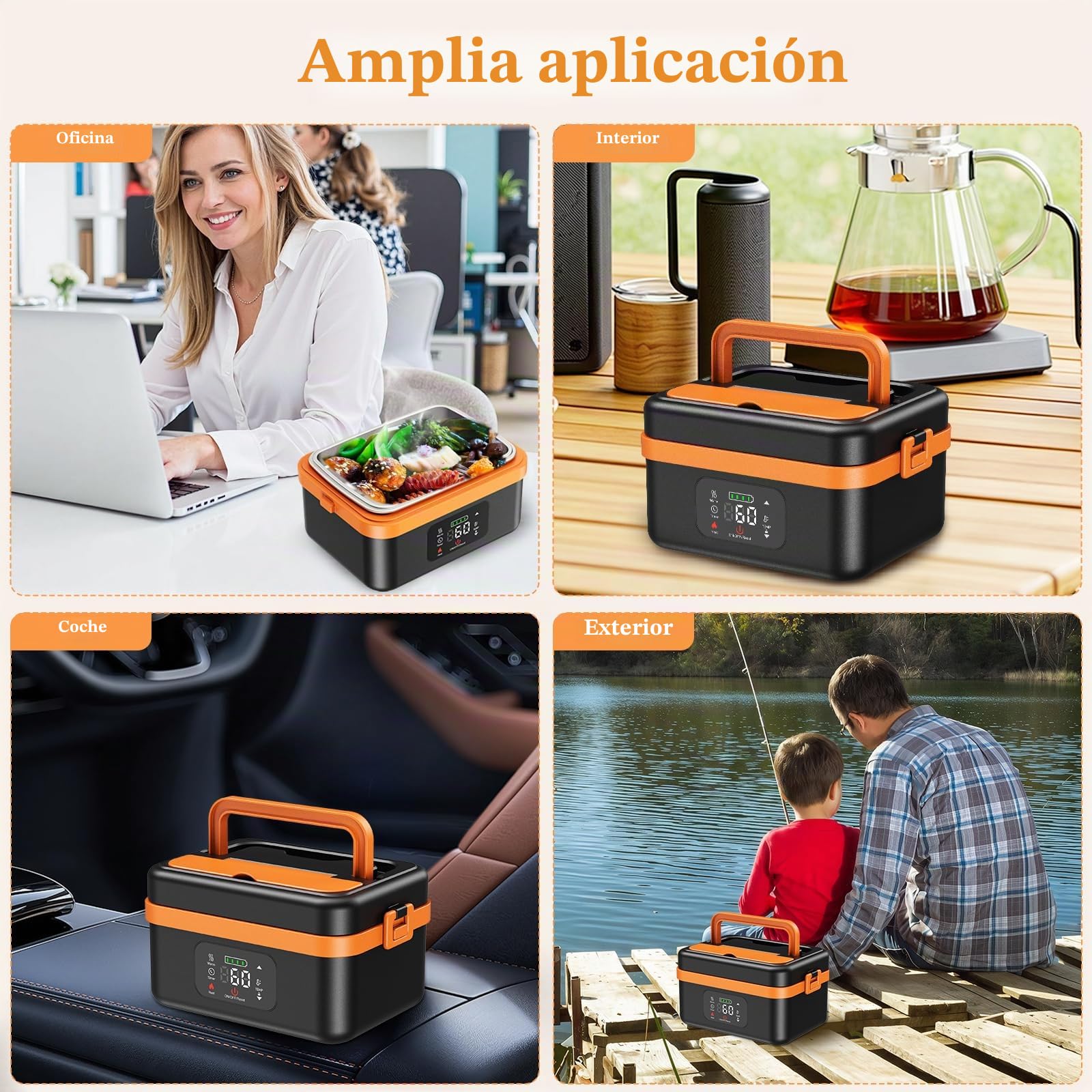 Taper electrico para comida, fiambrera recargable con calentamiento automático de 16 000 mAh, calentador de alimentos portátil de 1 l con calentamiento automático para oficina, picnic, coche