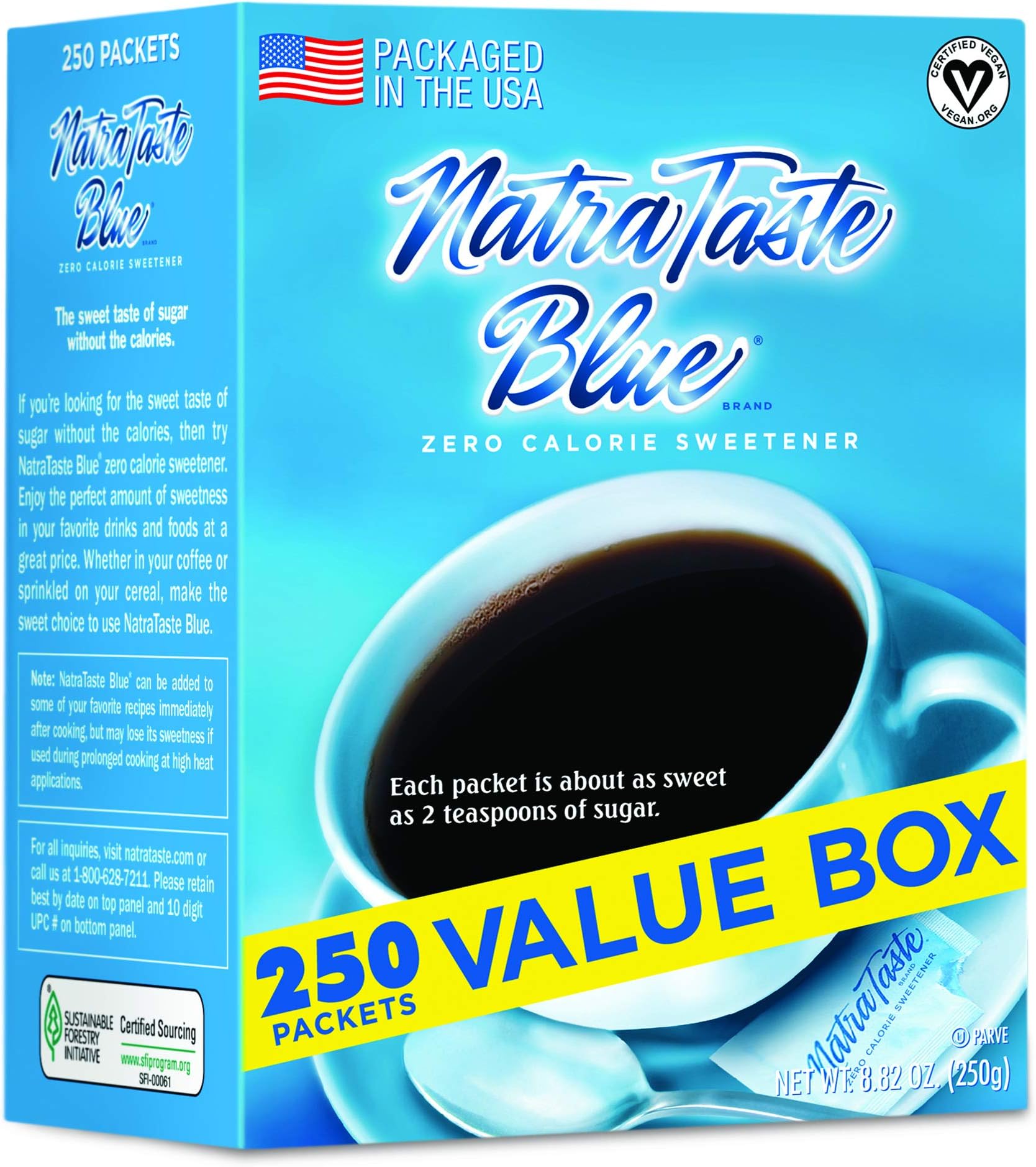 Blue Zero Calorie Sweetener, Bulk Sugar Substitute for Coffee, Iced Tea, Lemonade, Hot & Cold Drinks, Baking, Cooking, Low Carb, Vegan, Sugar Alternative, 250 Packets Value Box (8 pack)