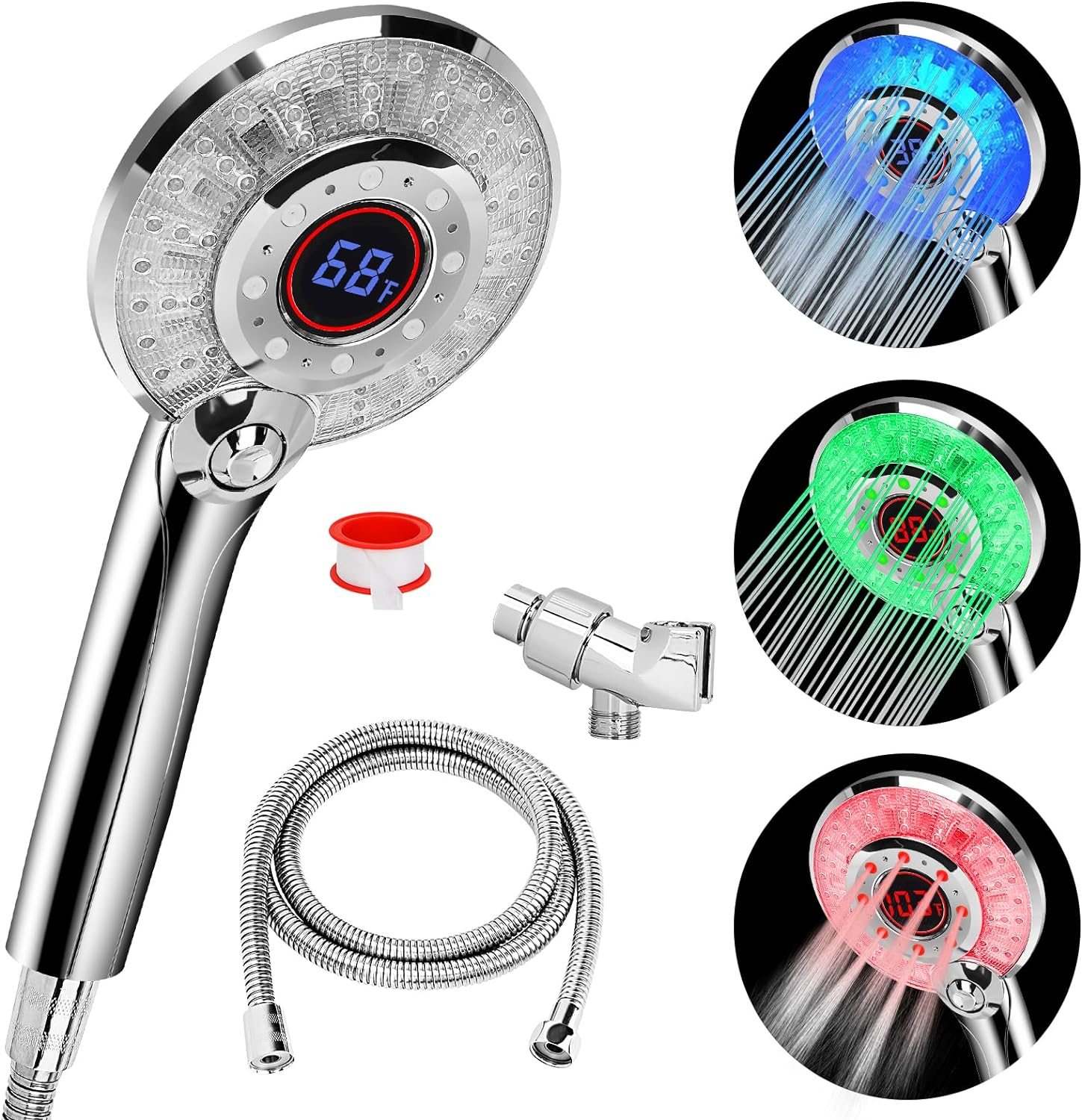 LED Shower Head Color Changing, Handheld Shower Head High Pressure with Hose, Water Saving Spray Showerheads, Discoloration Warning, Water Temperature Display, 3 Spray Modes, Easy to Install, ?Chrome