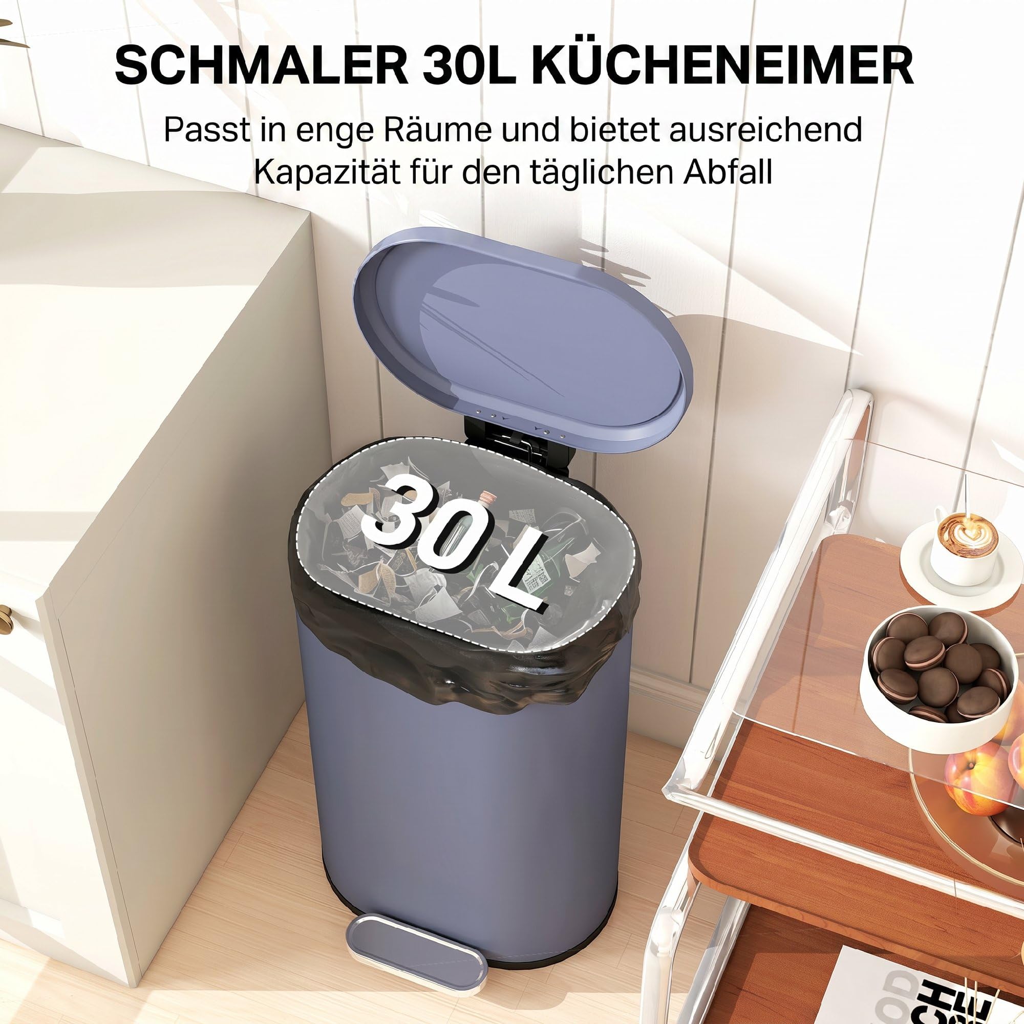 HOMCOM 30L Cestino 90° Coperchio Stay-Open Slim Rett. Ped. Grigio | Soft-Close Coperchio, secchio interno rimovibile, per casa e ufficio, antimpronta