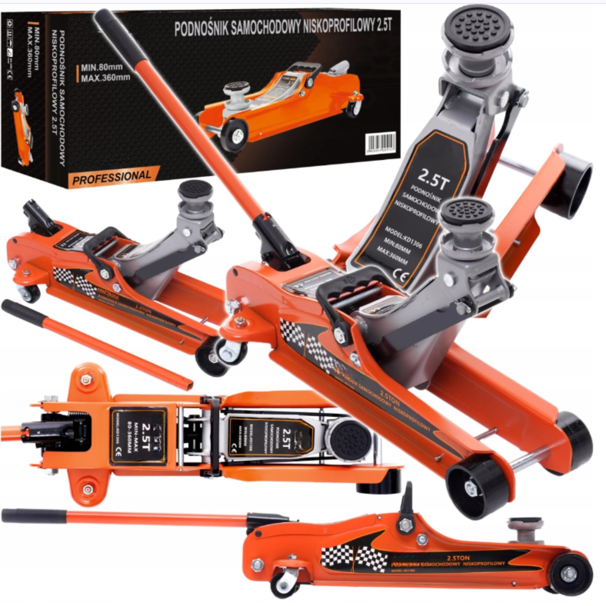 Cric Idraulico Ribassato 2,5T, Sollevatore Auto a Carrello Professionale con Profilo Basso 80-360 mm, Martinetto Idraulico per Cambio Gomme e Manutenzione Veicoli